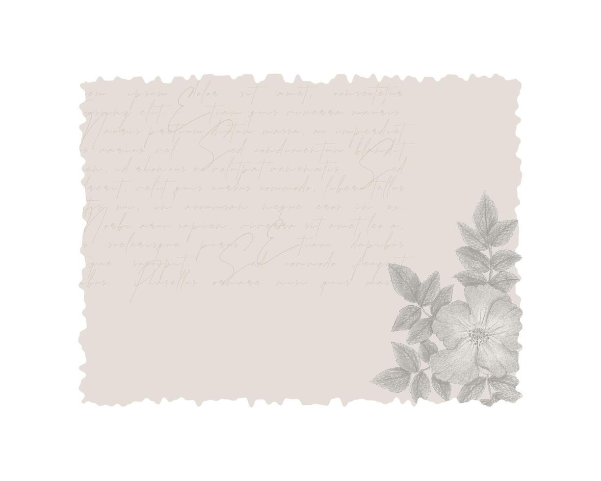 Digital scrapbooking element antique vintage letter Lorem ipsum with torn edges, rosehip flower print and Lorem imsum text, for vintage collage design. vector