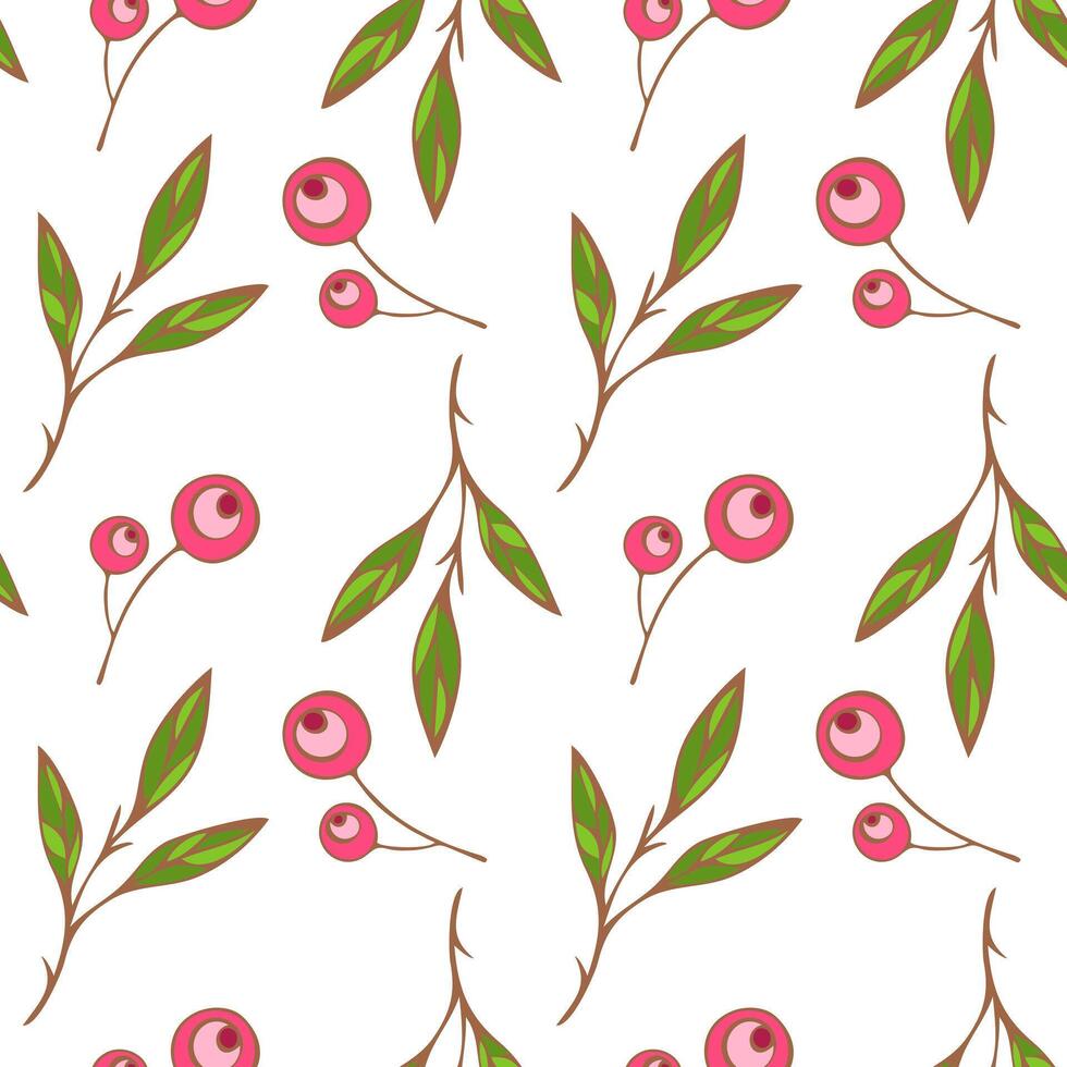 sin costura modelo de estilizado rojo sakura Cereza bayas y verde hojas en un blanco antecedentes. mano dibujo. vector