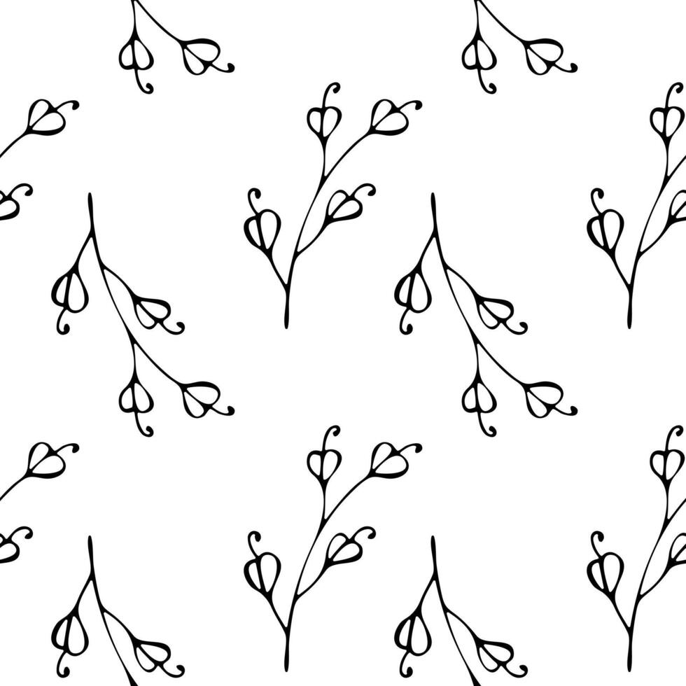 Seamless floral pattern. Endless botanical background. Spring flowers, wildflowers, repeating print. Black and white natural texture for fabric, textile design. Flat graphic vector illustration