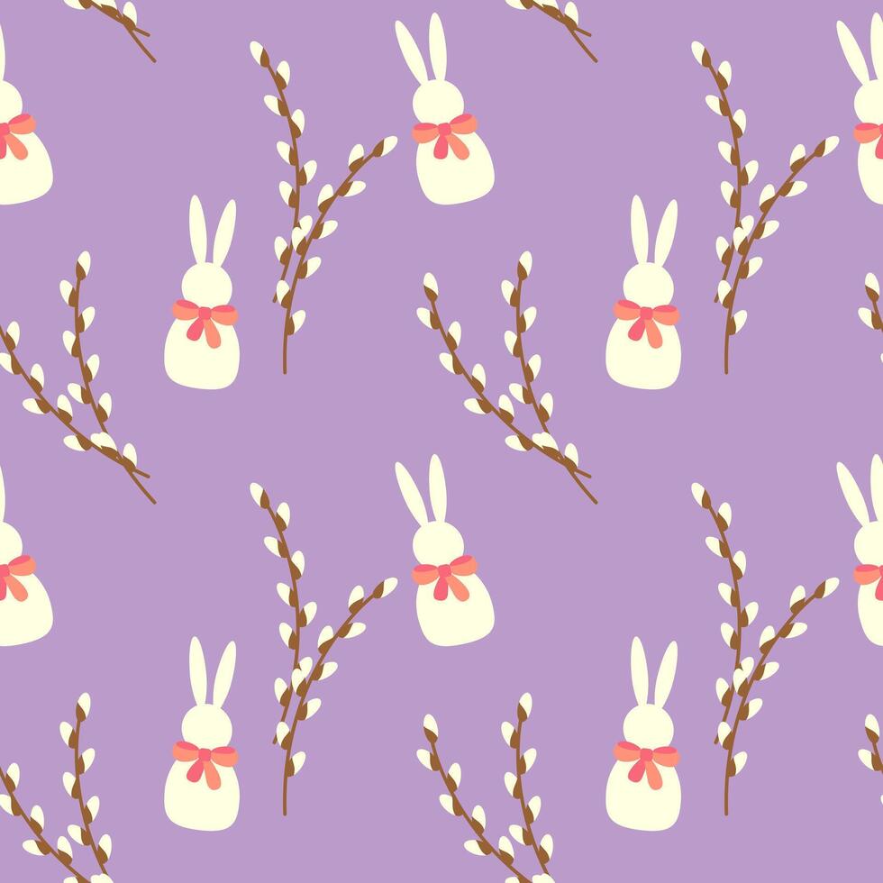 Pattern of white Bunny and willow branches on soft purple background, Easter design. vector