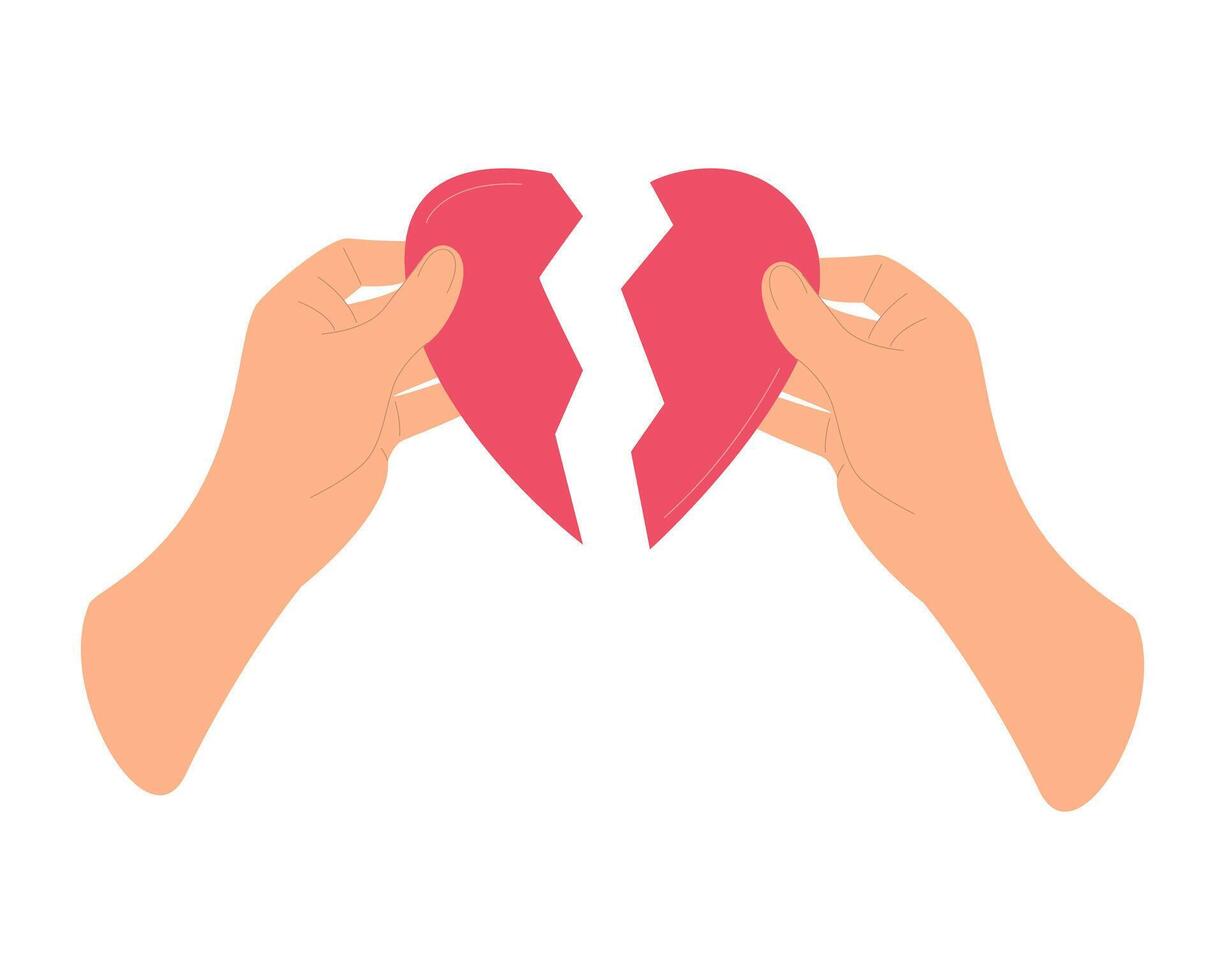 Two hands holding broken red heart illustration signifying heartbreak or loss, isolated, white background. vector