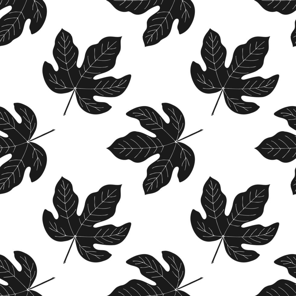 Seamless pattern of black figs leaves on white background illustration. vector