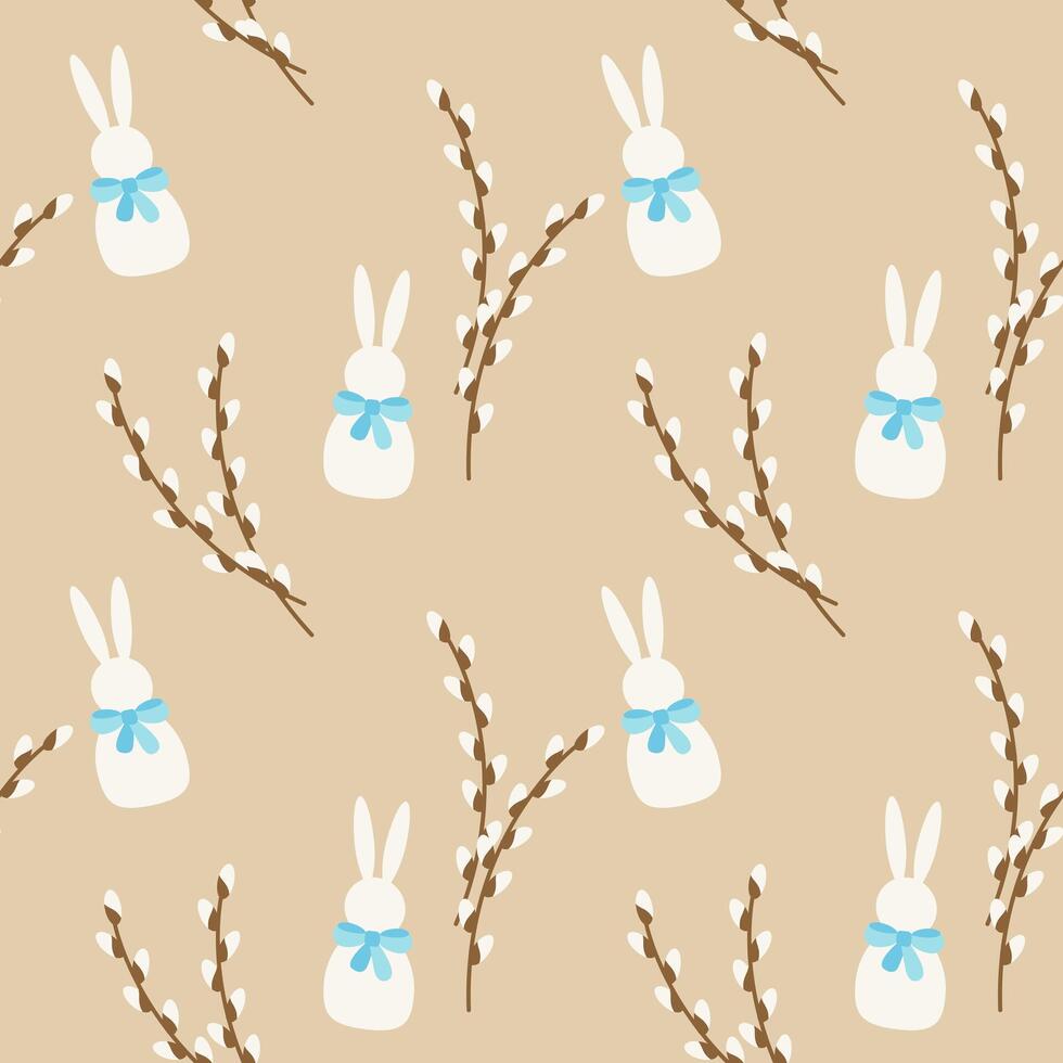 Pattern of white Bunny and willow branches on soft beige background, Easter design. vector