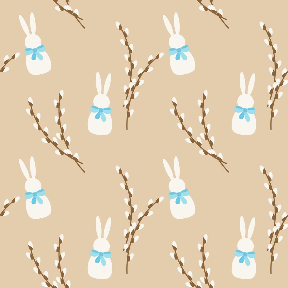 Pattern of white Bunny and willow branches on soft beige background, Easter design. vector