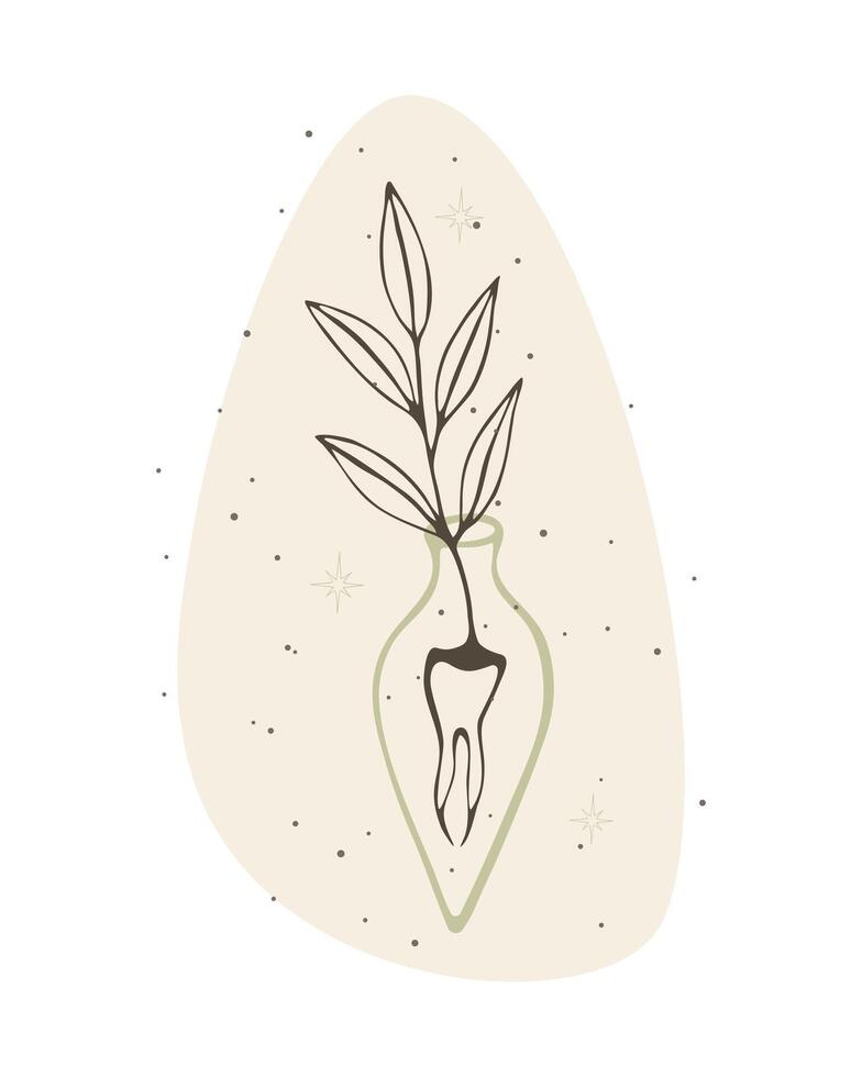 Mysterious magical poison. Illustration of an unreal plant emerging from the root of tooth on motley beige background, potion, taro, witchcraft bottle with crystals. Vector illustration