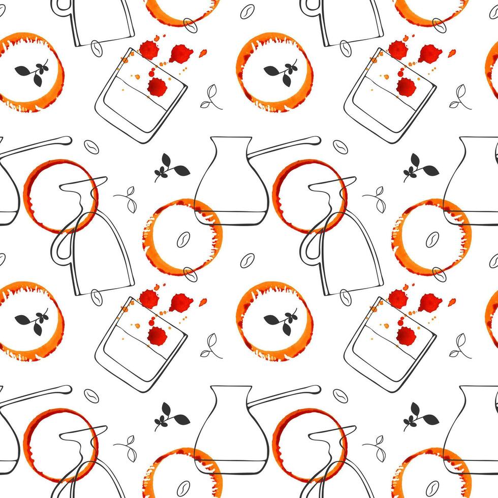 Coffee pattern design with glasses for coffee and whiskey, watercolor round stains and prints of coffee or wine on white tablecloth, restaurant cafe bar menu design. vector