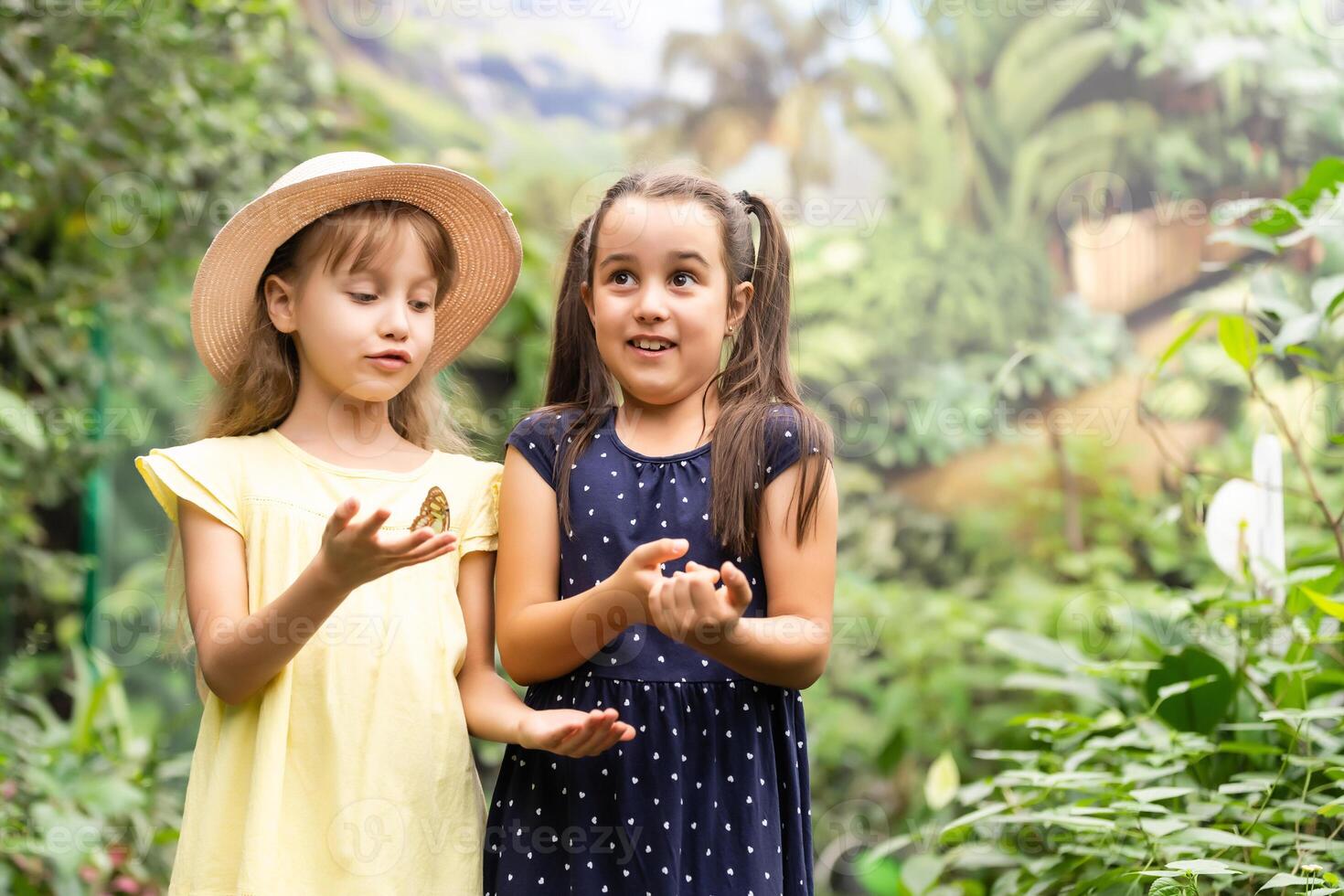 two little girls with butterflies in a greenhouse photo