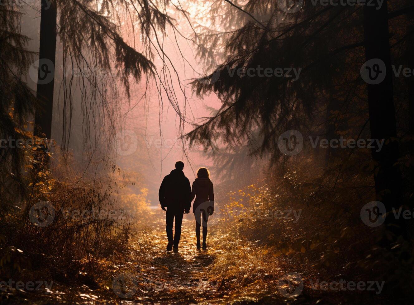 AI Generated Couple in the autumn misty forest looking to the sky and they are in love photo