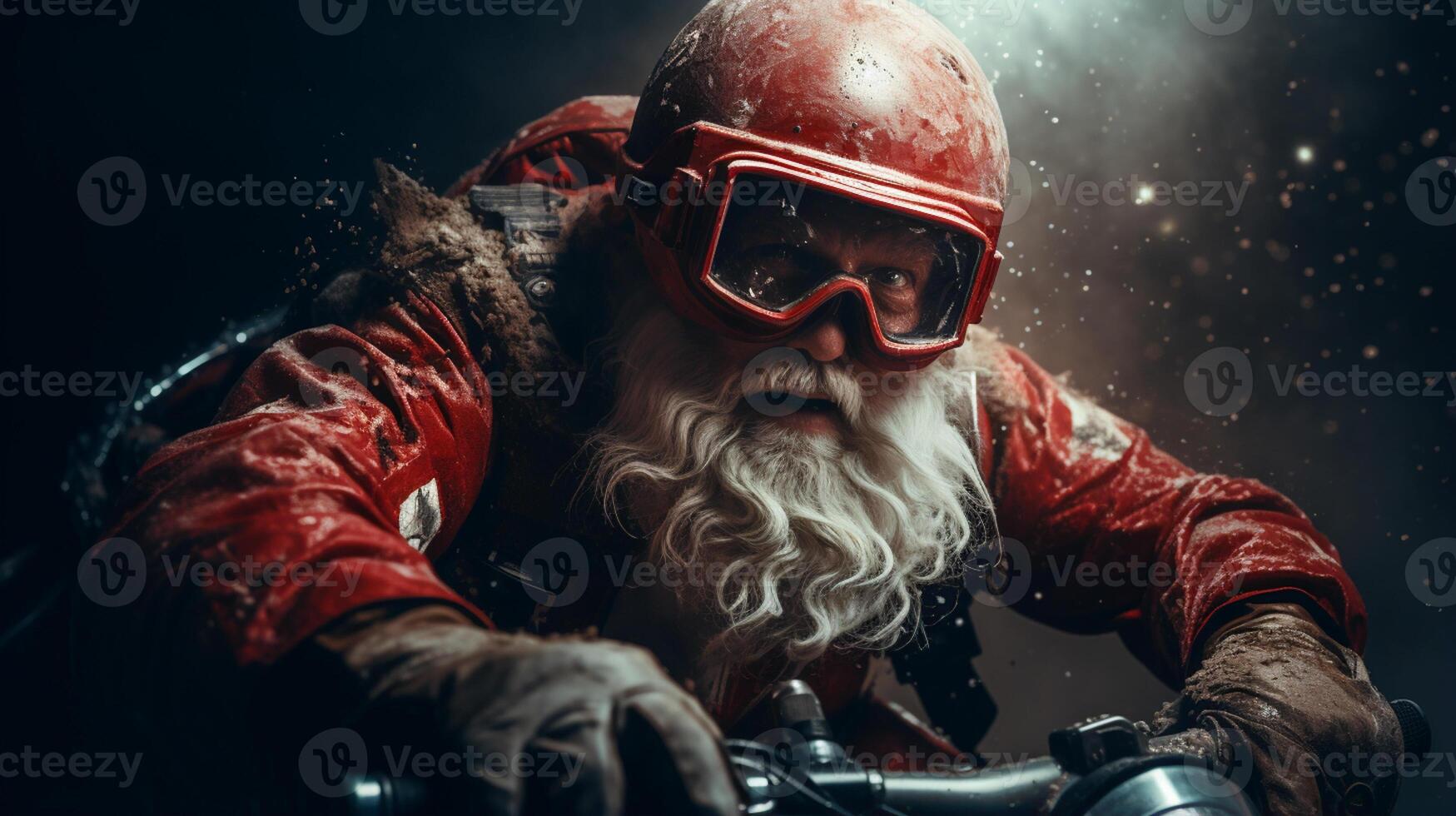 ai generado Papa Noel claus montando en un moto ciervo - 3d ilustración foto