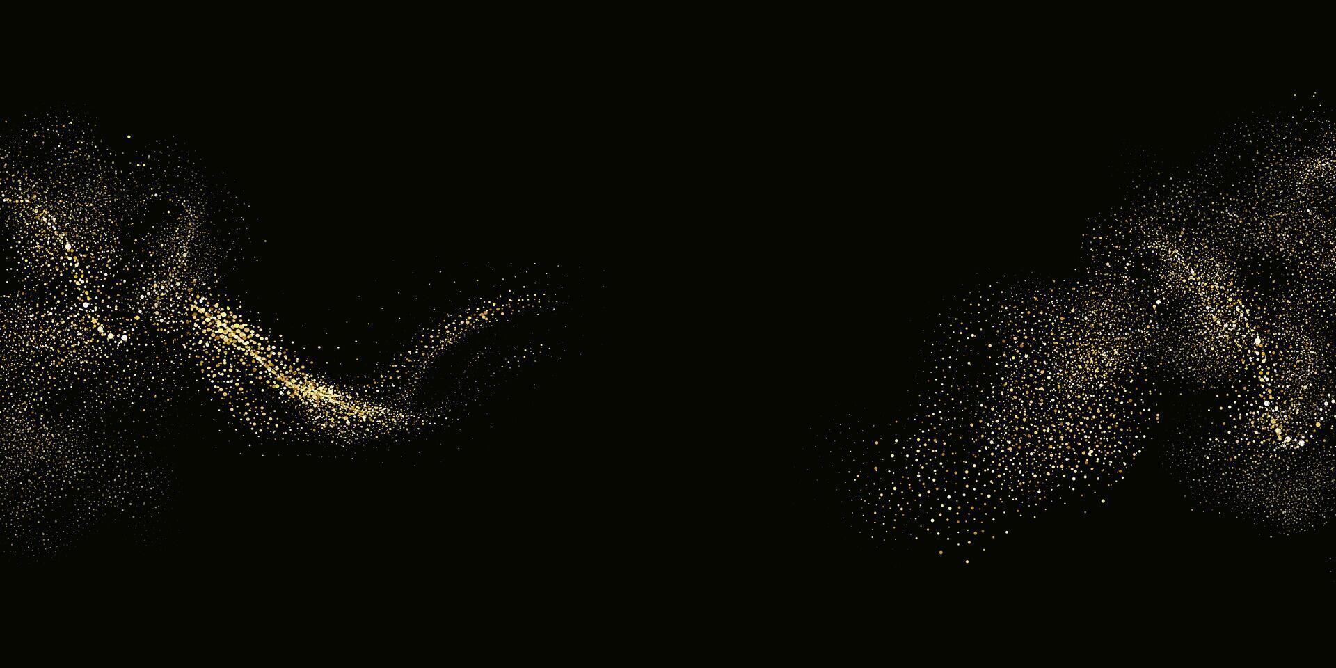 colección de reluciente estrellas con dorado reluciente remolinos, brillante Brillantina diseño. mágico movimiento, espumoso líneas en un negro antecedentes. vector