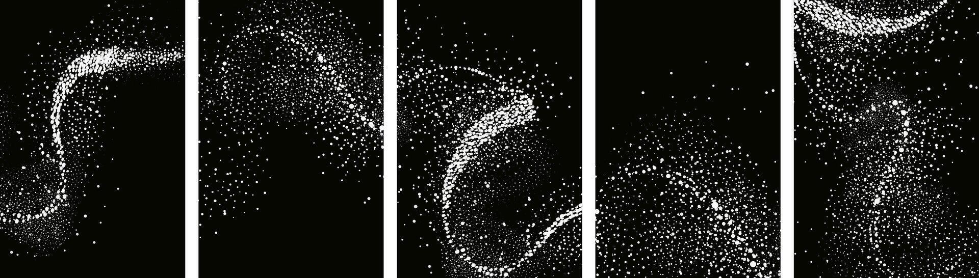 Collection of glittering stars with golden shimmering swirls, shiny glitter design. Magical motion, sparkling lines on a black background. vector