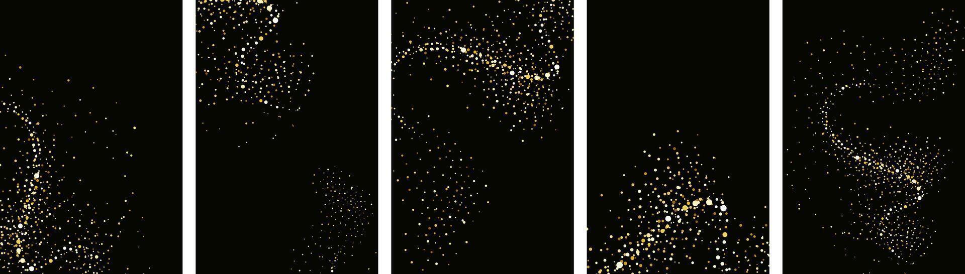 colección de reluciente estrellas con dorado reluciente remolinos, brillante Brillantina diseño. mágico movimiento, espumoso líneas en un negro antecedentes. vector