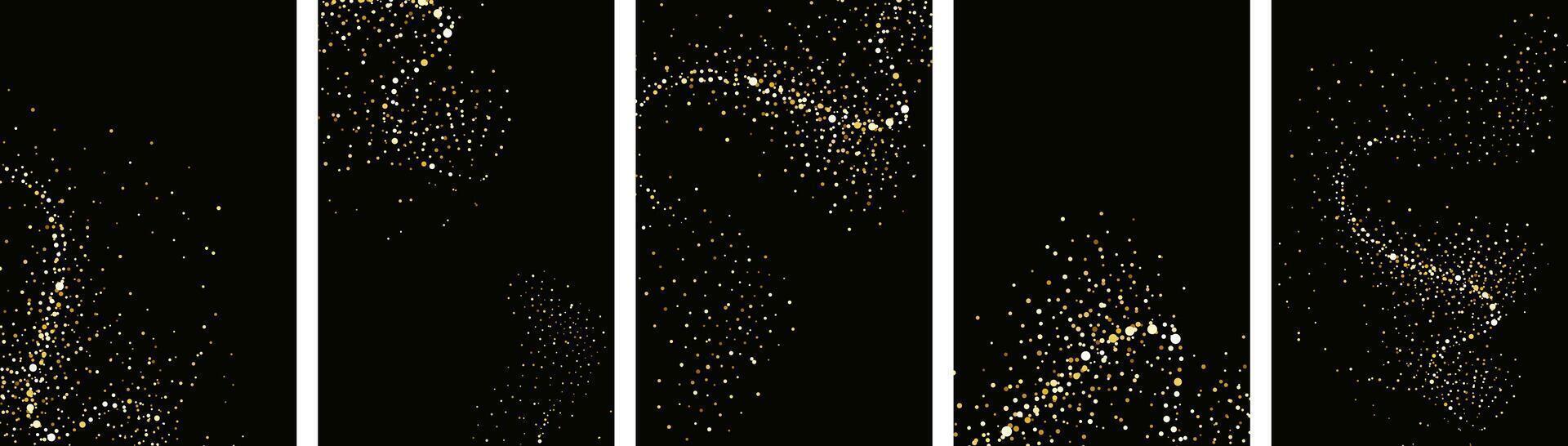 Collection of glittering stars with golden shimmering swirls, shiny glitter design. Magical motion, sparkling lines on a black background. vector