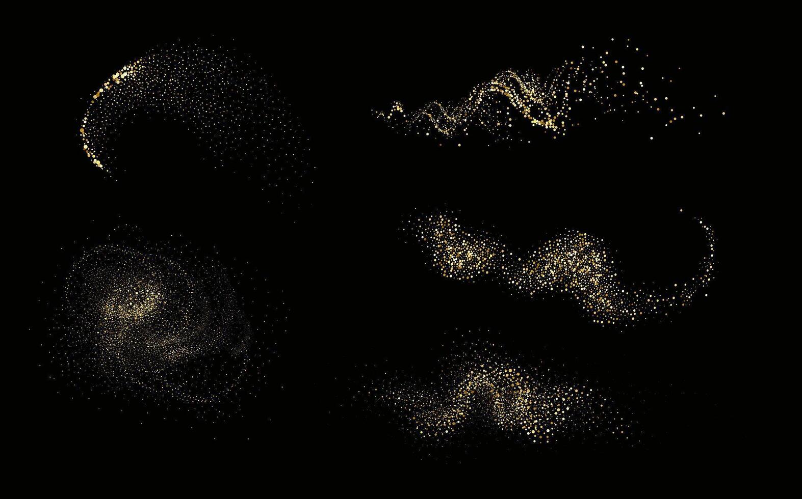 Collection of glittering stars with golden shimmering swirls, shiny glitter design. Magical motion, sparkling lines on a black background. vector