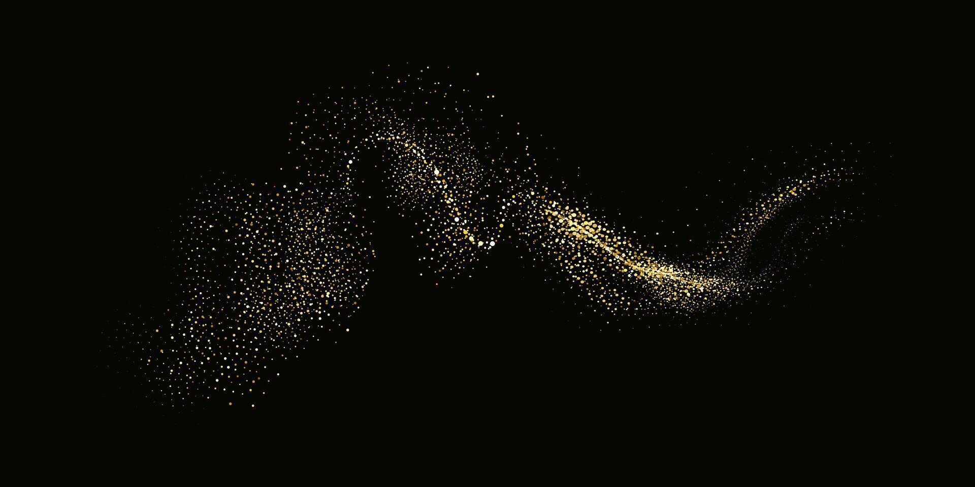 Collection of glittering stars with golden shimmering swirls, shiny glitter design. Magical motion, sparkling lines on a black background. vector