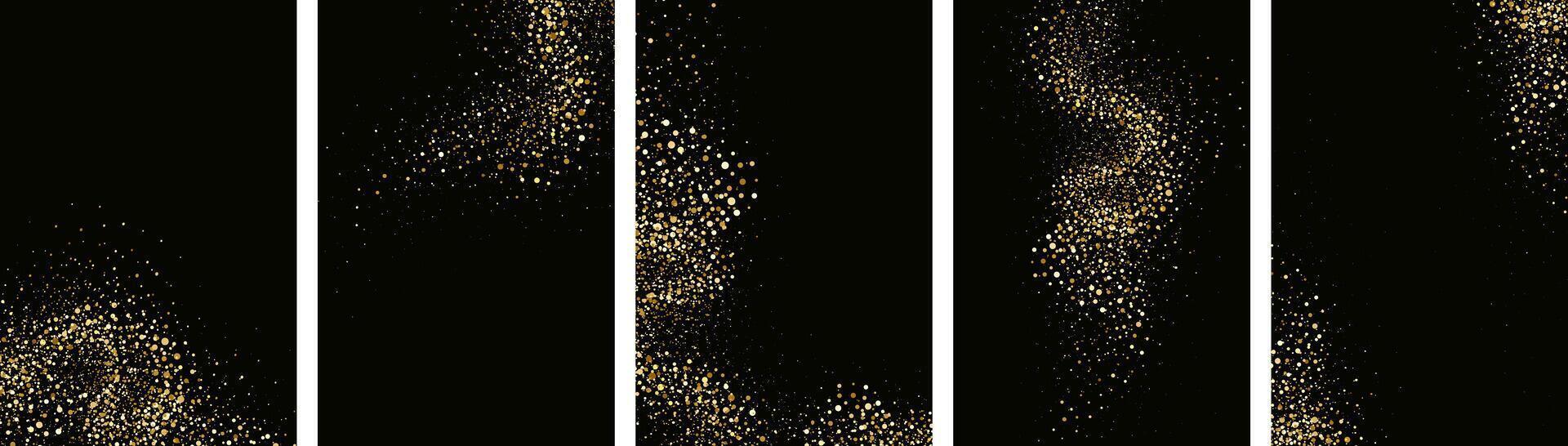 Collection of glittering stars with golden shimmering swirls, shiny glitter design. Magical motion, sparkling lines on a black background. vector