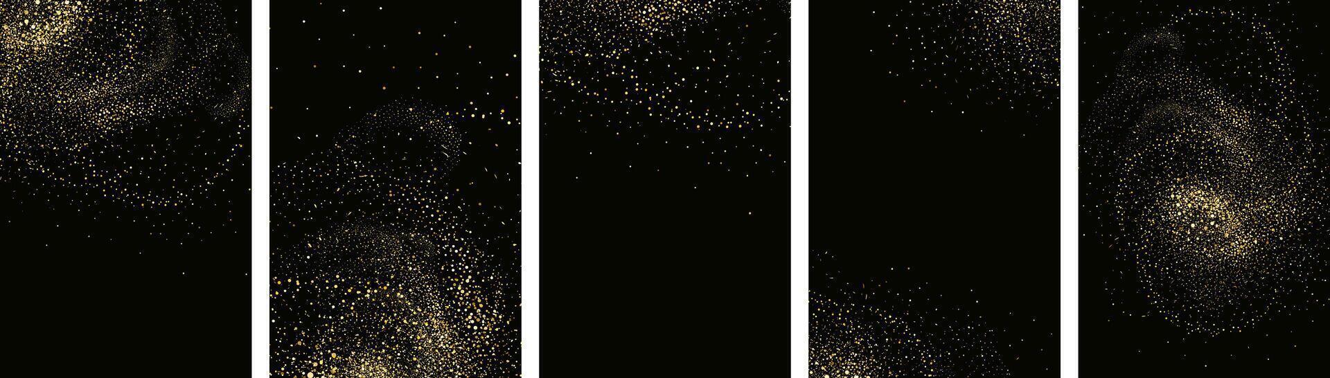 Collection of glittering stars with golden shimmering swirls, shiny glitter design. Magical motion, sparkling lines on a black background. vector