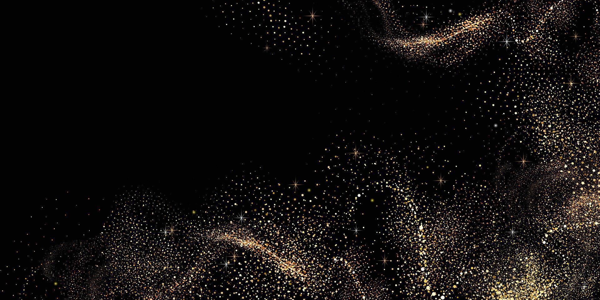 Collection of glittering stars with golden shimmering swirls, shiny glitter design. Magical motion, sparkling lines on a black background. vector