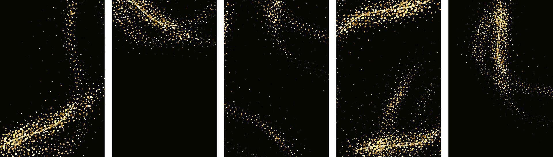 Collection of glittering stars with golden shimmering swirls, shiny glitter design. Magical motion, sparkling lines on a black background. vector