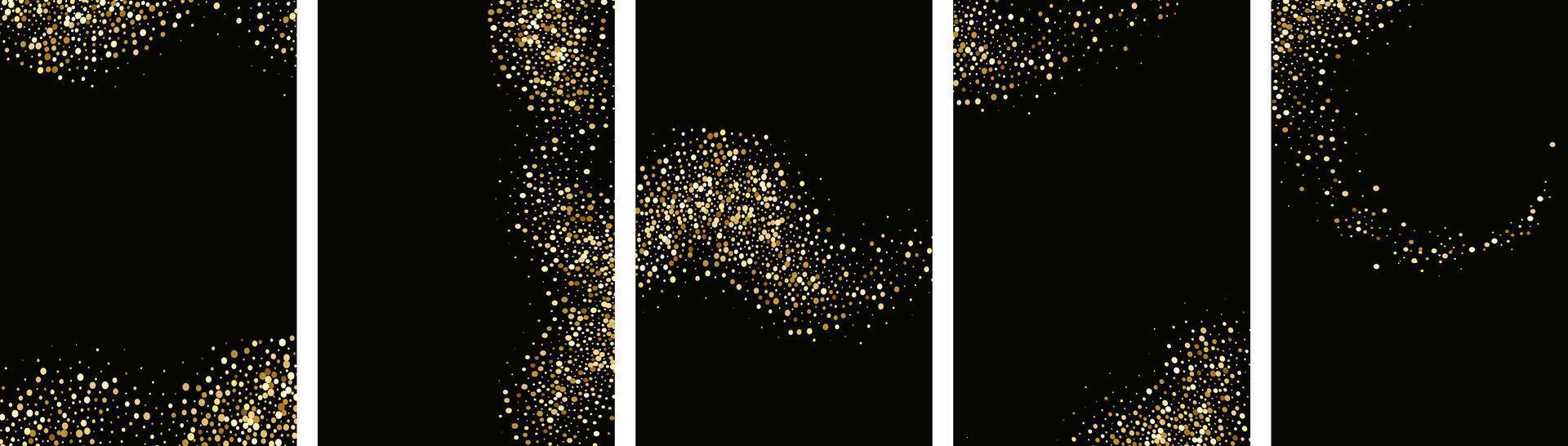 Collection of glittering stars with golden shimmering swirls, shiny glitter design. Magical motion, sparkling lines on a black background. vector