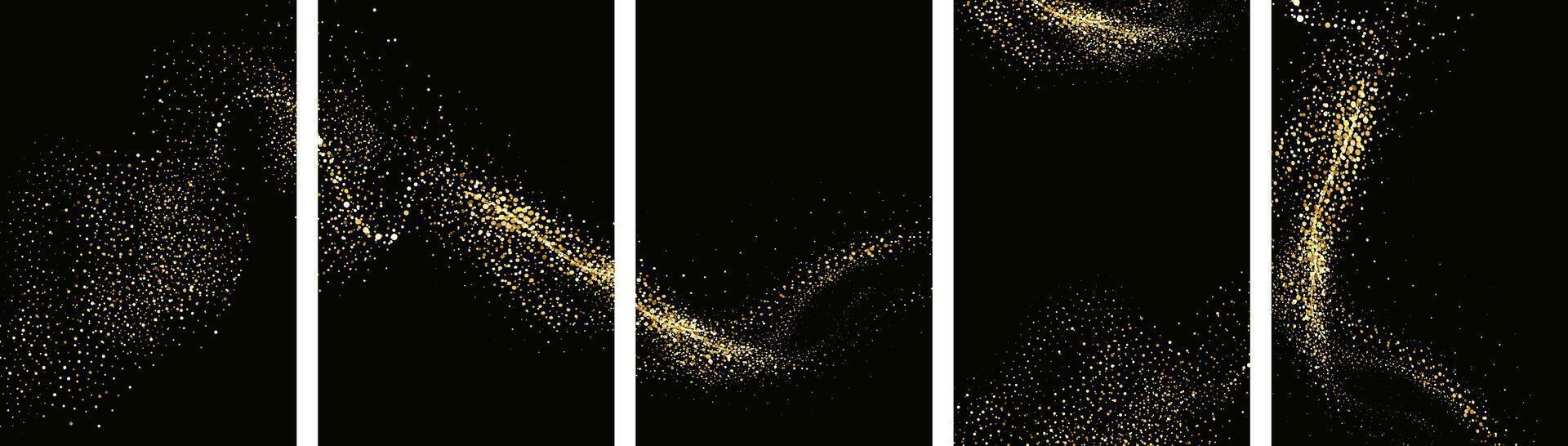 colección de reluciente estrellas con dorado reluciente remolinos, brillante Brillantina diseño. mágico movimiento, espumoso líneas en un negro antecedentes. vector