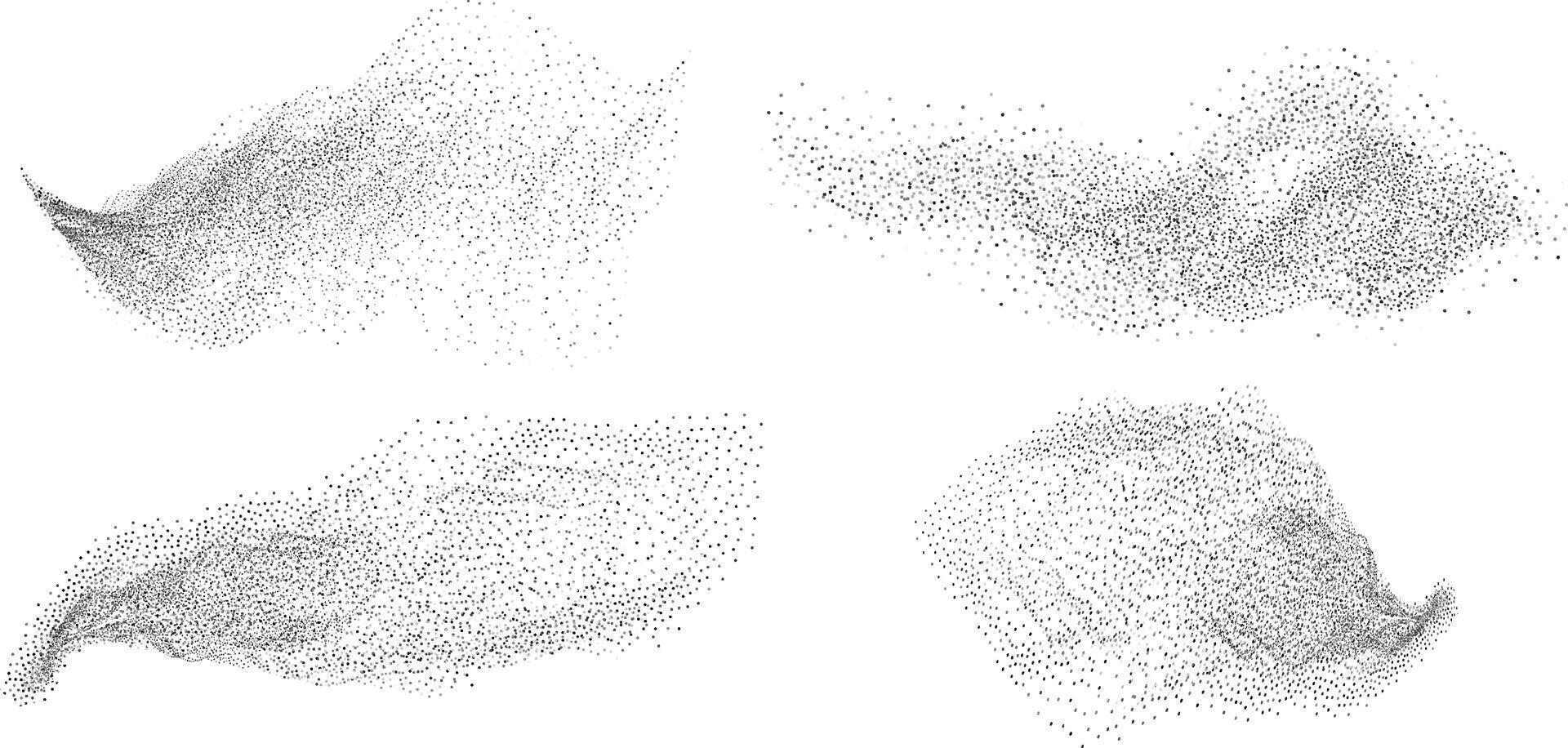 Gradient noise grain texture stains, black and white dotted spray shades, and sand dust spots. vector