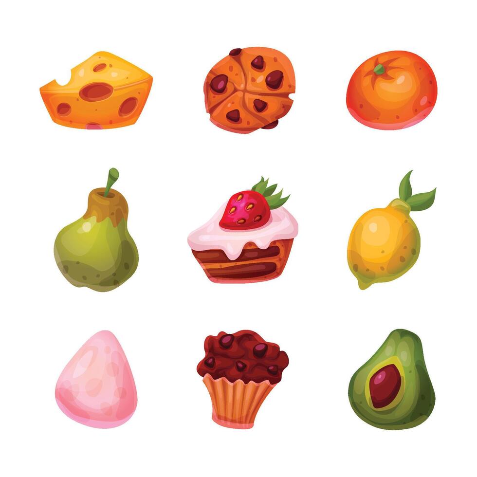 Cartoon collection of delicious food for game vector