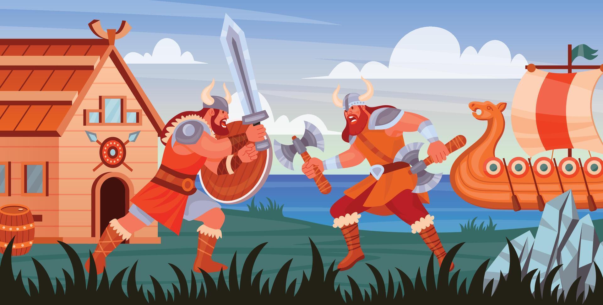 Cartoon vikings background with house and ship vector