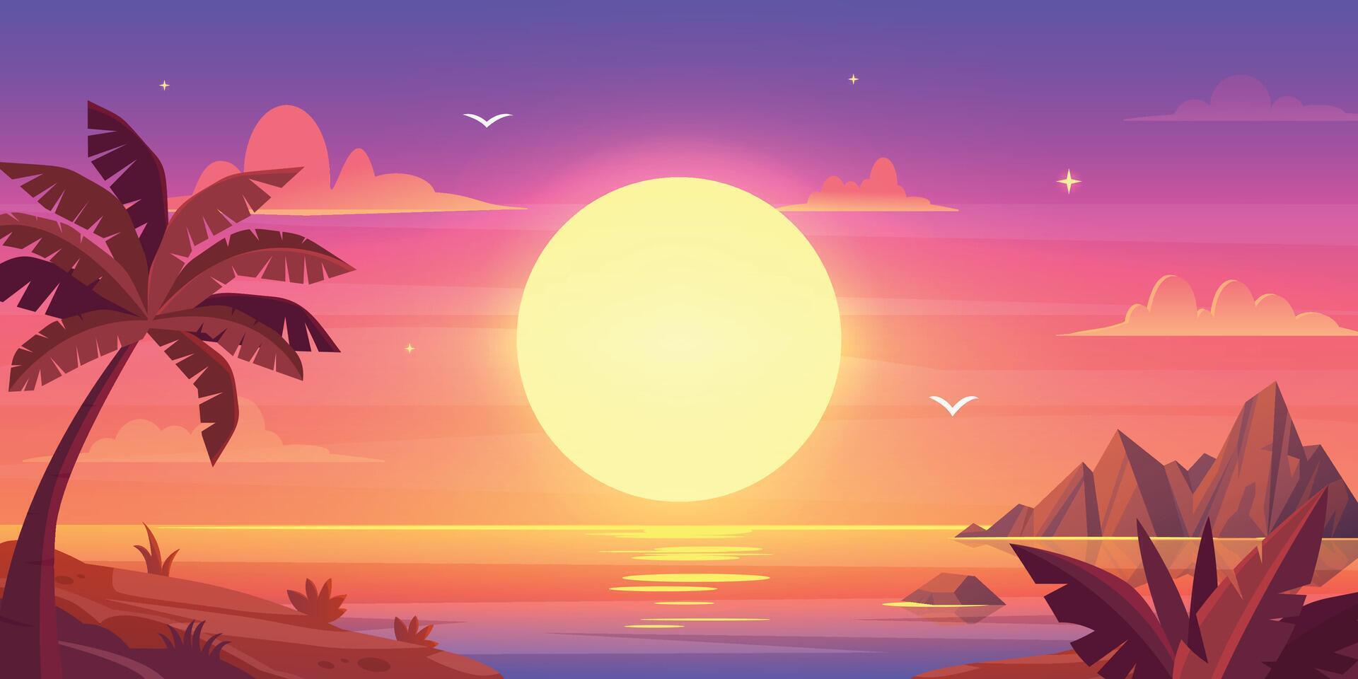 Cartoon sunset background with a palm vector