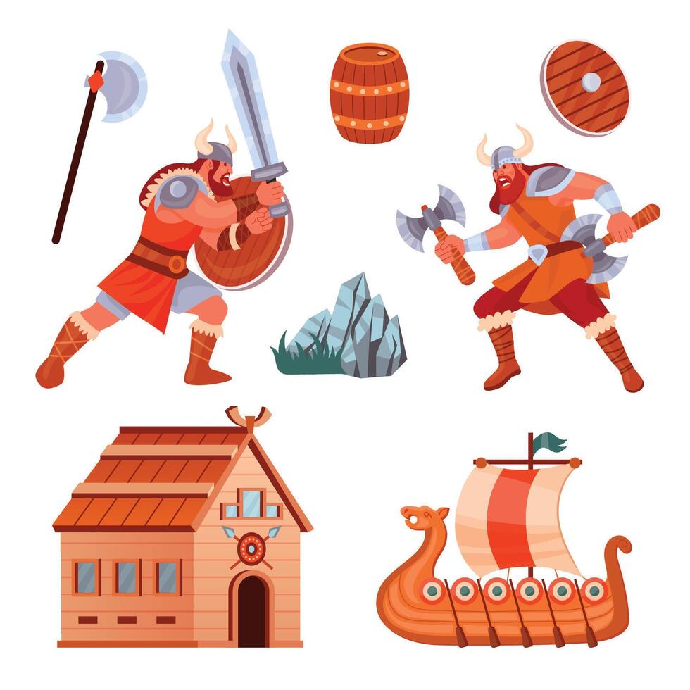 Collection of cartoon viking elements isolated on white background vector