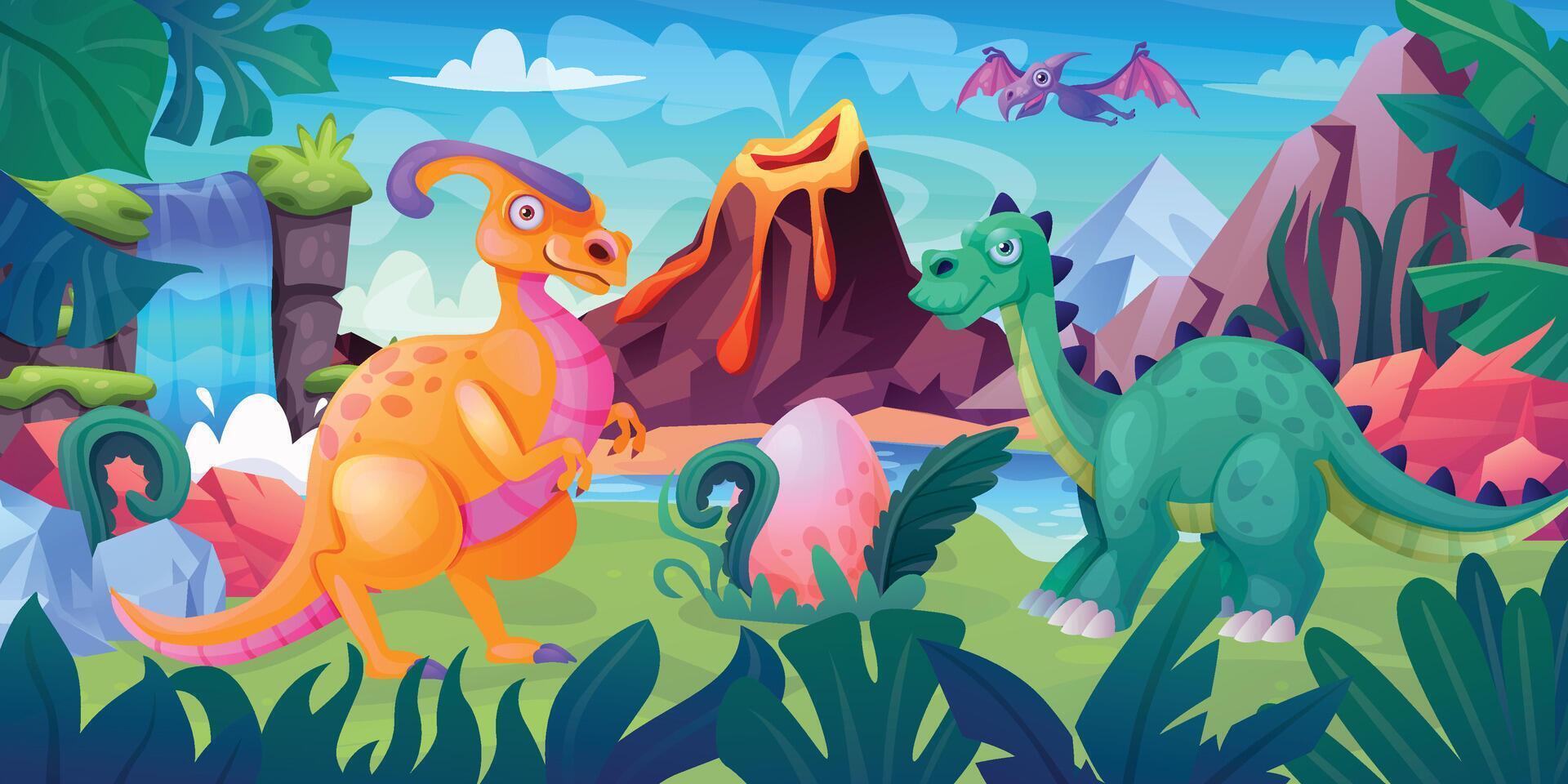 Cartoon prehistoric illustration with dinosaurs vector