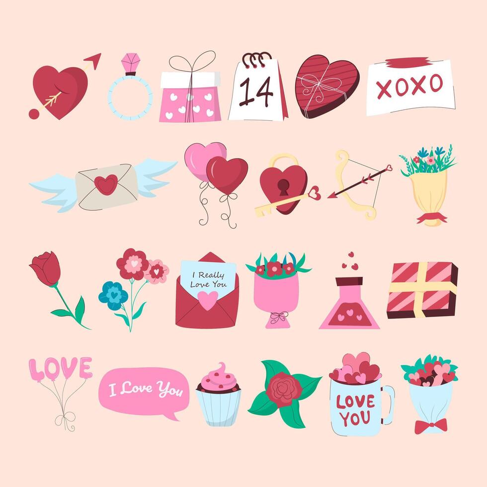 Set of hand drawn flat valentine's day elements collection vector