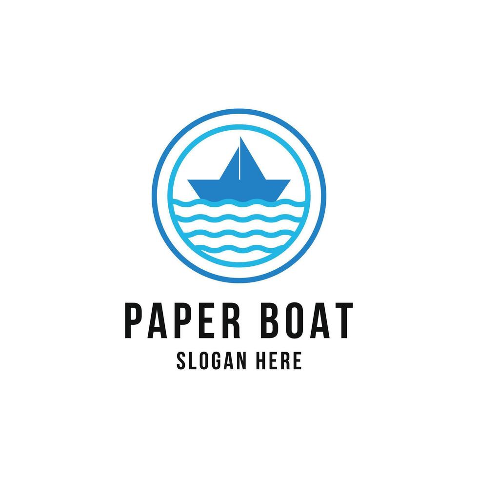 paper boat logo design and beach wave with label circle vector
