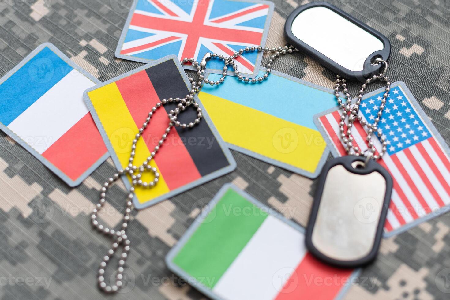 Military ID tags with chain on camouflage uniform, toned in colors of Ukrainian flag war photo