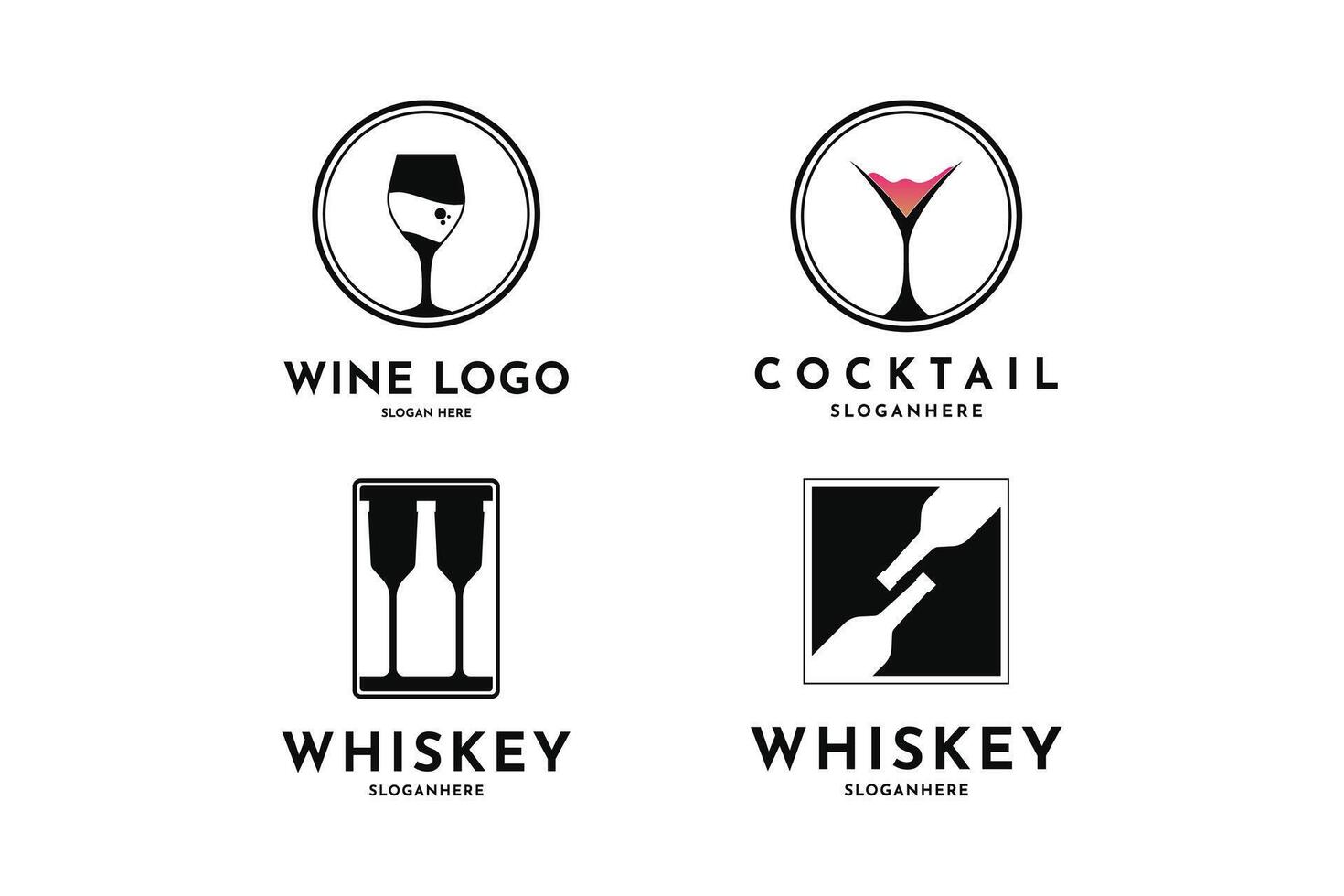 vino vaso cóctel y whisky logo diseño Clásico retro etiqueta circulo vector