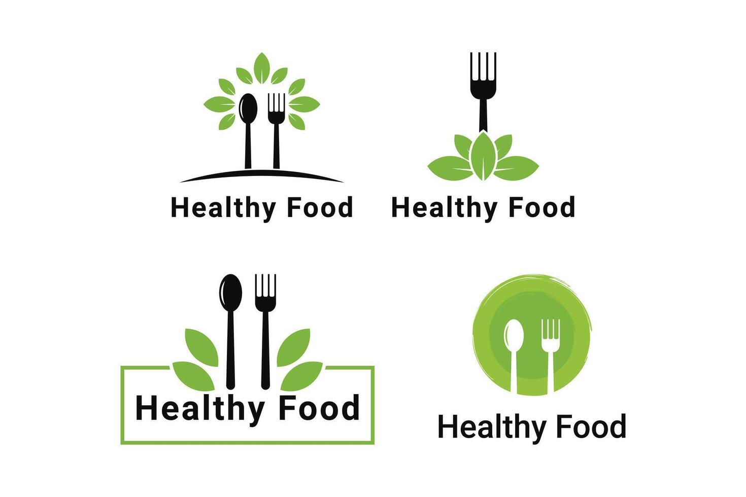 Healthy food logo design concept with spoon and fork with leaf green set collection vector