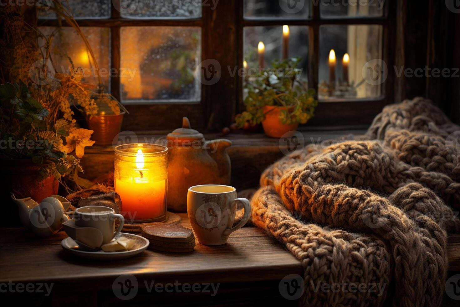 AI Generated Holders with burning candles, cup of tea and flowers on bed photo