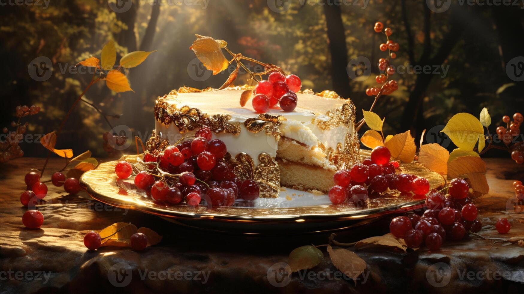 AI Generated Autumn background with carrot cake, maple leaves, berries and acorns. photo