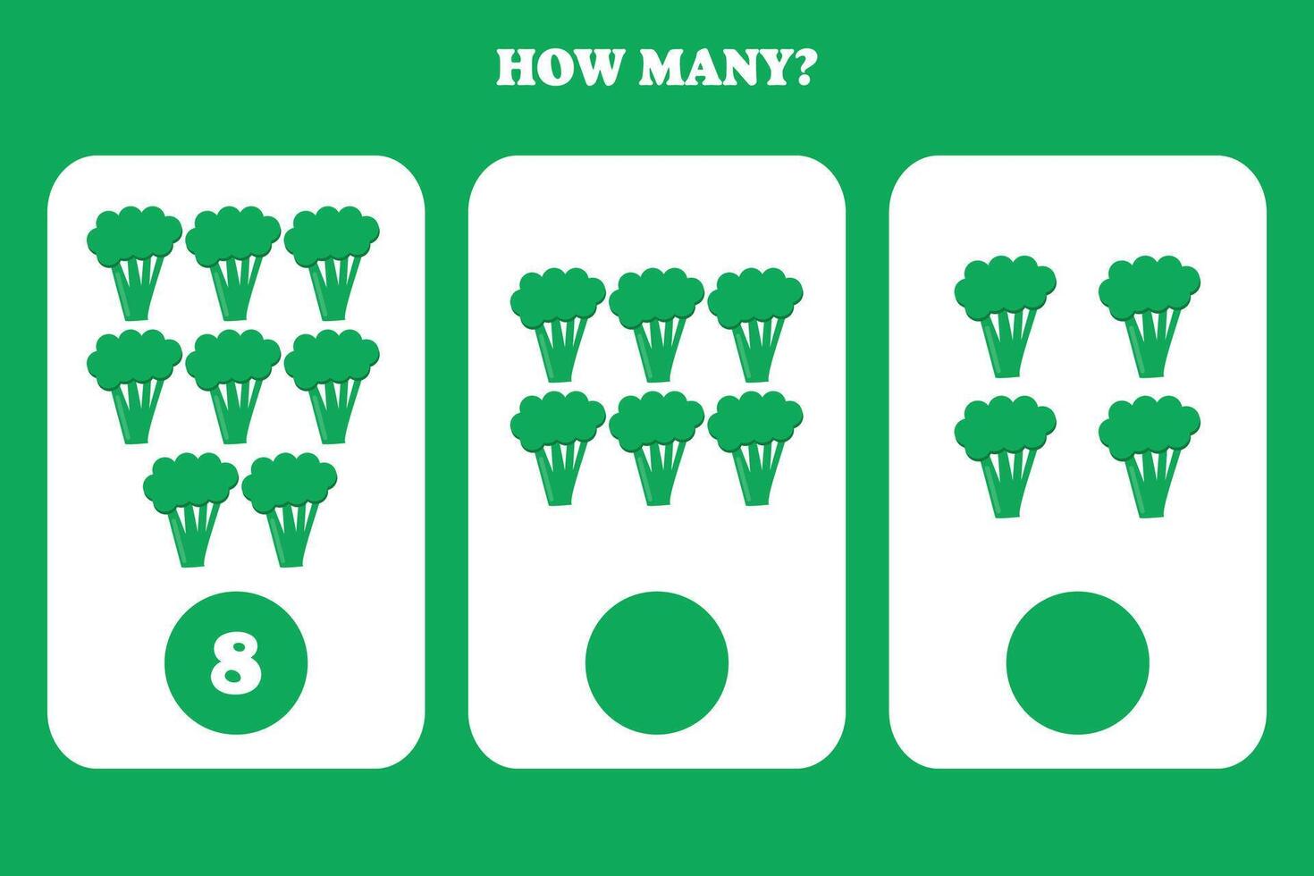 Counting game for kids. How many broccoli are there Educational worksheet design for children. vector