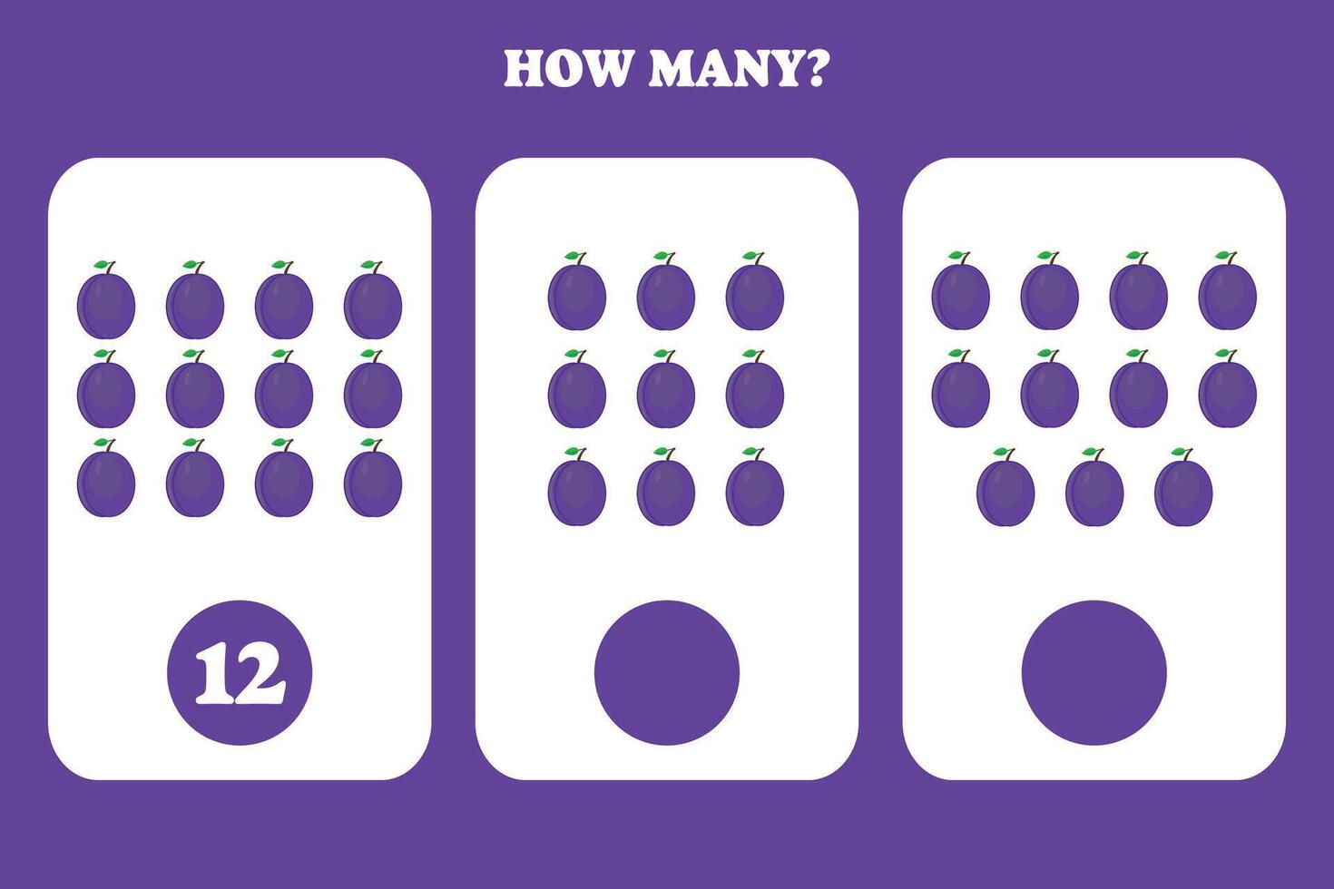 Counting game for kids. How many plum are there Educational worksheet design for children. vector