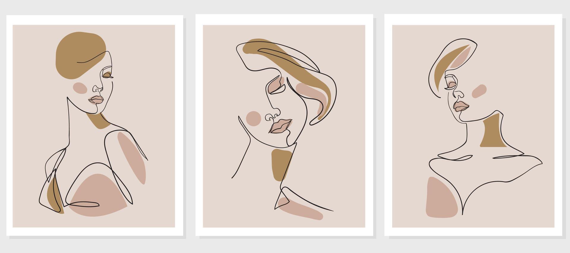 conjunto de mujer retrato. simple, minimalista vector ilustración de hermosa mujer. uno línea Arte.