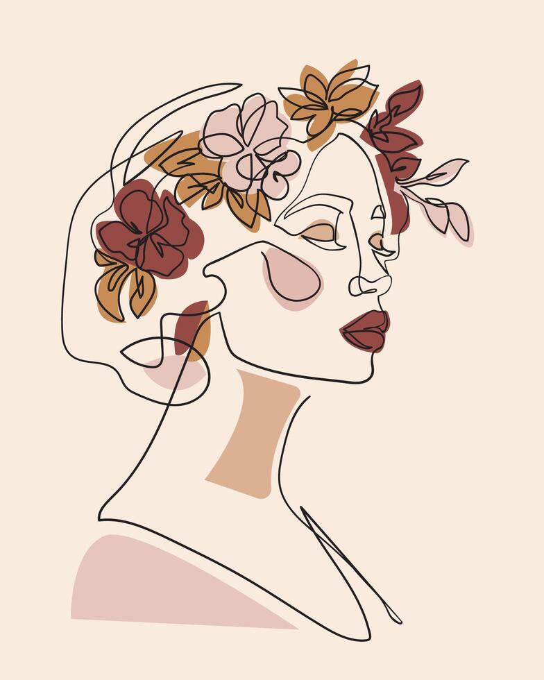 mujer cara con flores en su cabello, línea dibujo Arte. - vector ilustración