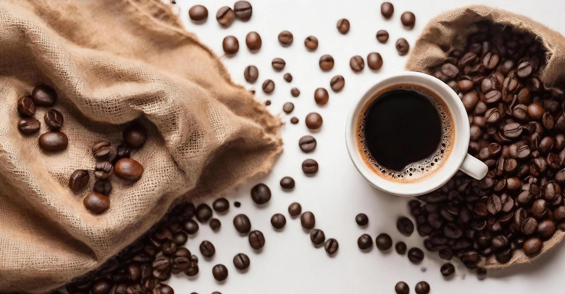 ai generado taza de café y café frijoles en un bolsa, parte superior ver blanco antecedentes foto