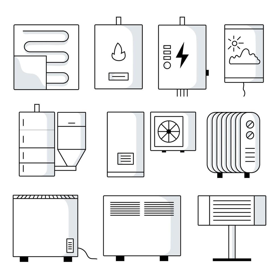 calefacción íconos colocar. plano estilo vector ilustración