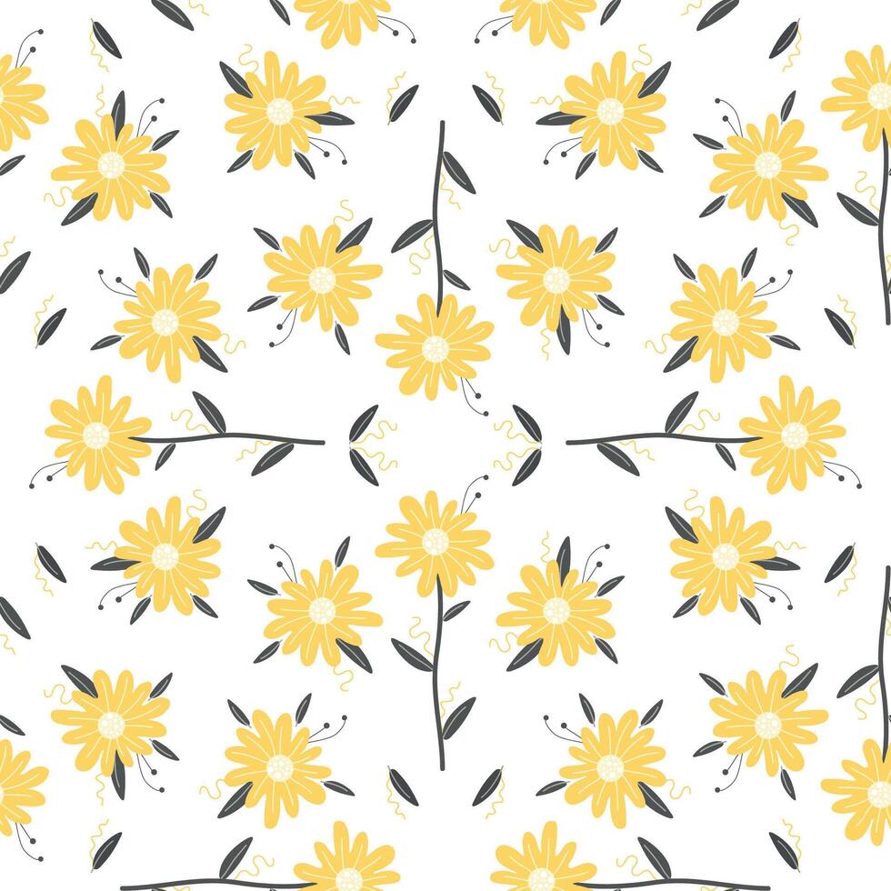 Hand drawn seamless pattern with spring yellow tender flowers on the white background vector