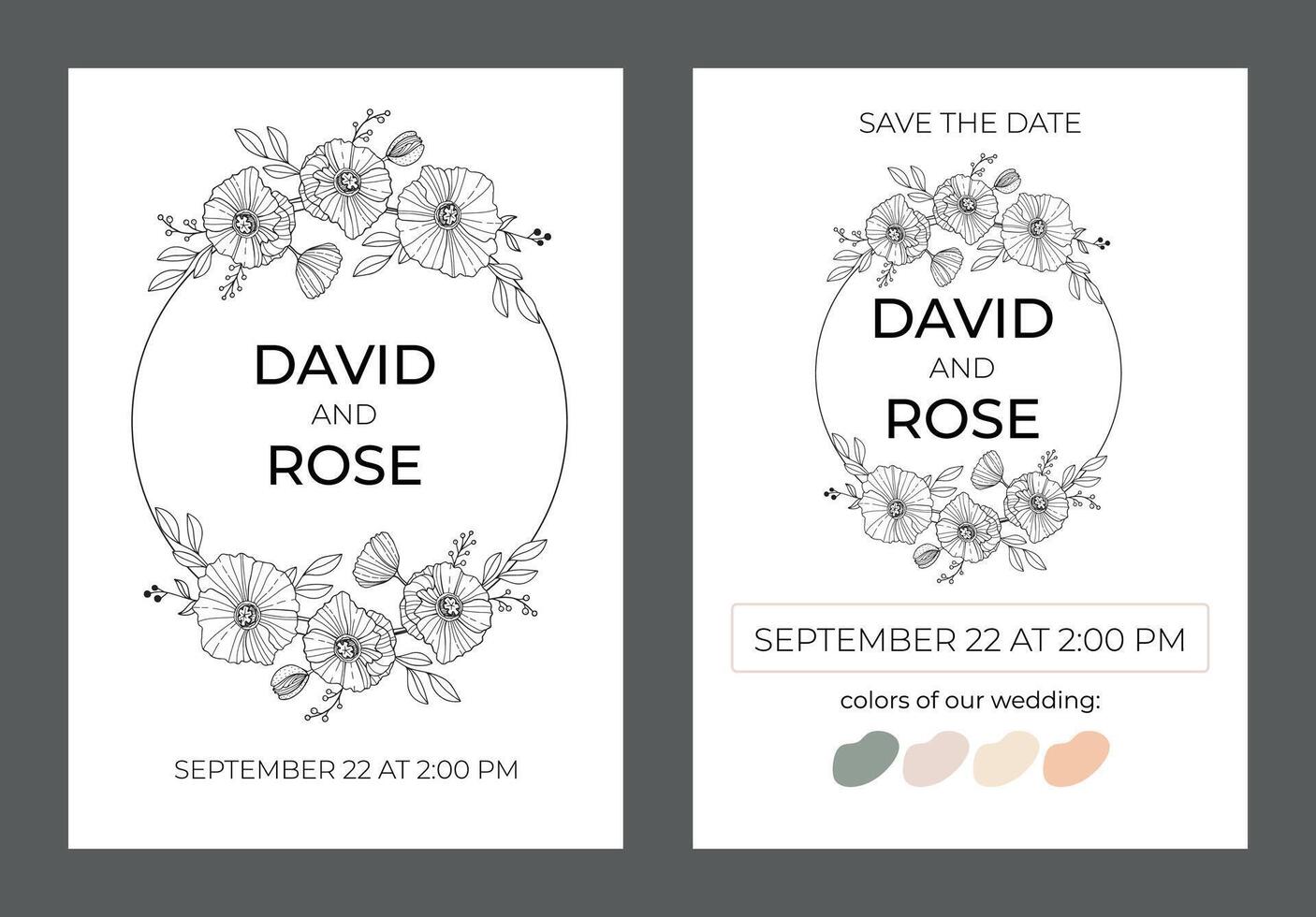 Wedding invitation in a minimalist style. A flower wreath vector hand drawn illustration