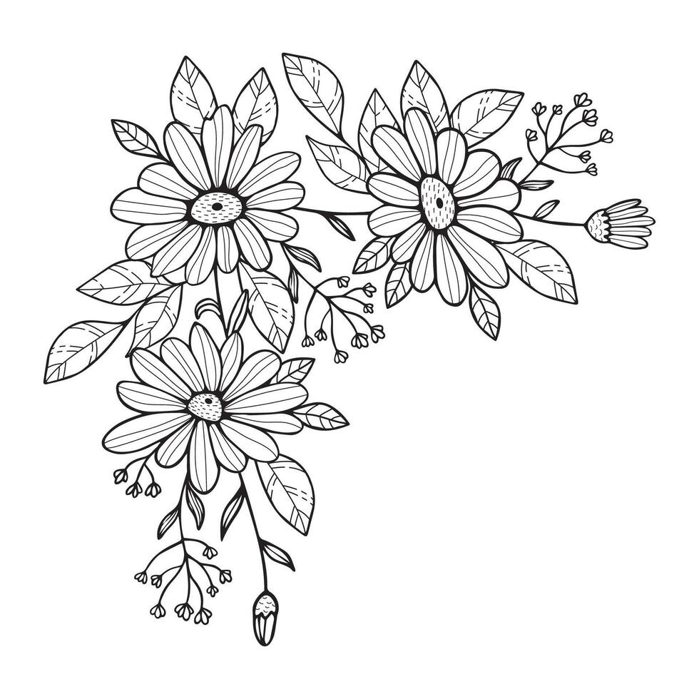 Chamomile flower border. flower garland in corner design. black and white flower sketch vector