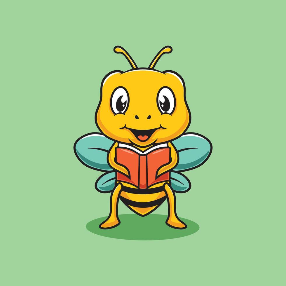Cute bee reading book cartoon illustration vector