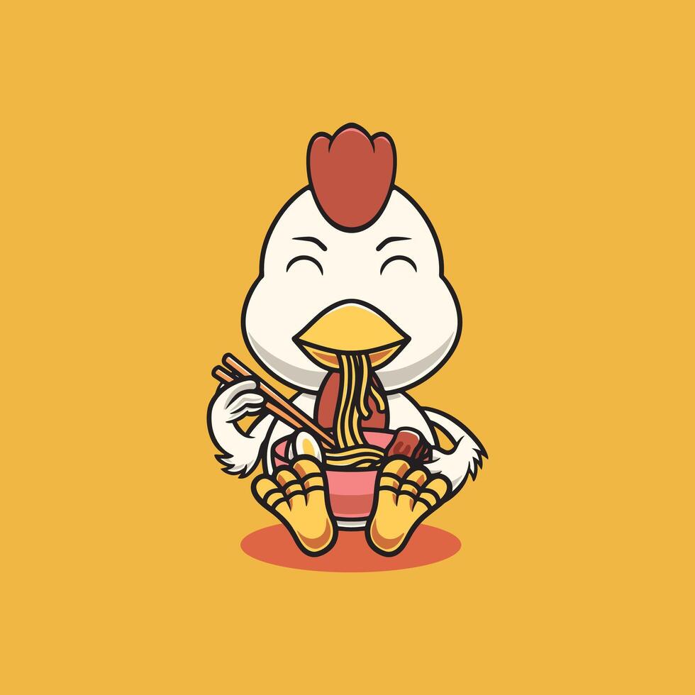 Cute chicken eating ramen noodles cartoon illustration vector