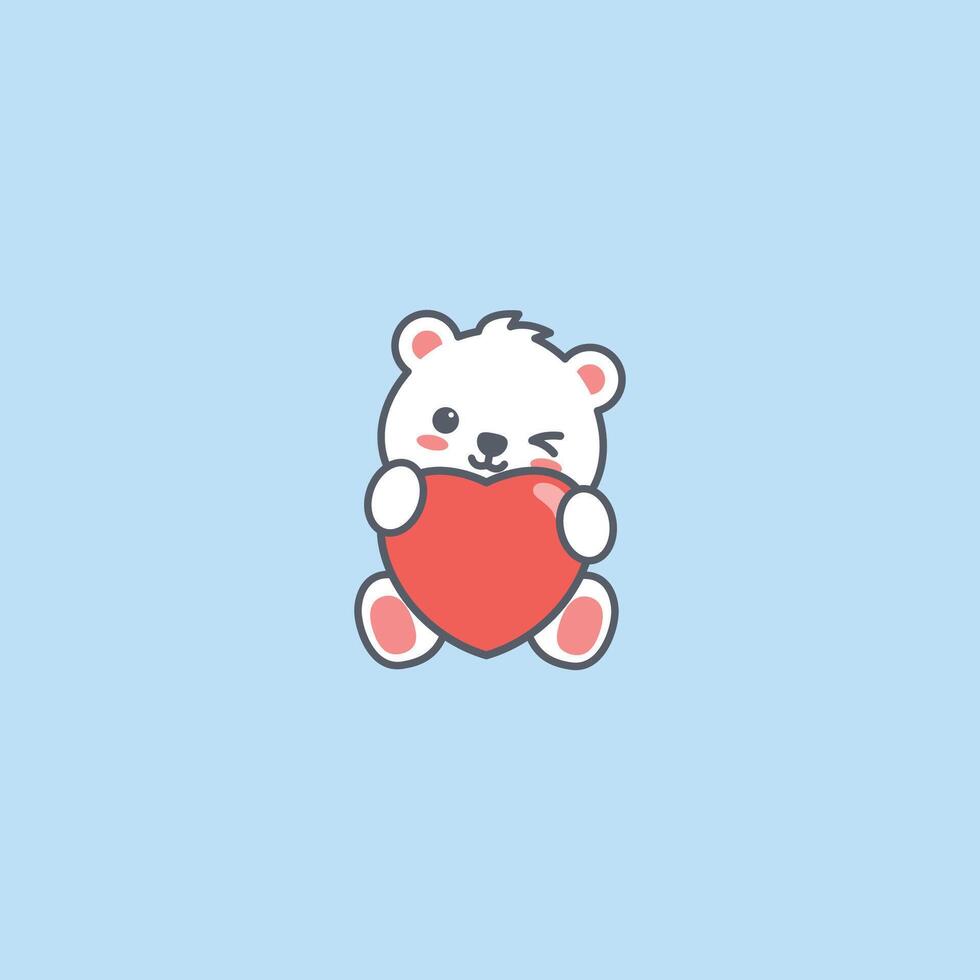 Cute polar bear winking eye with red heart cartoon, vector illustration